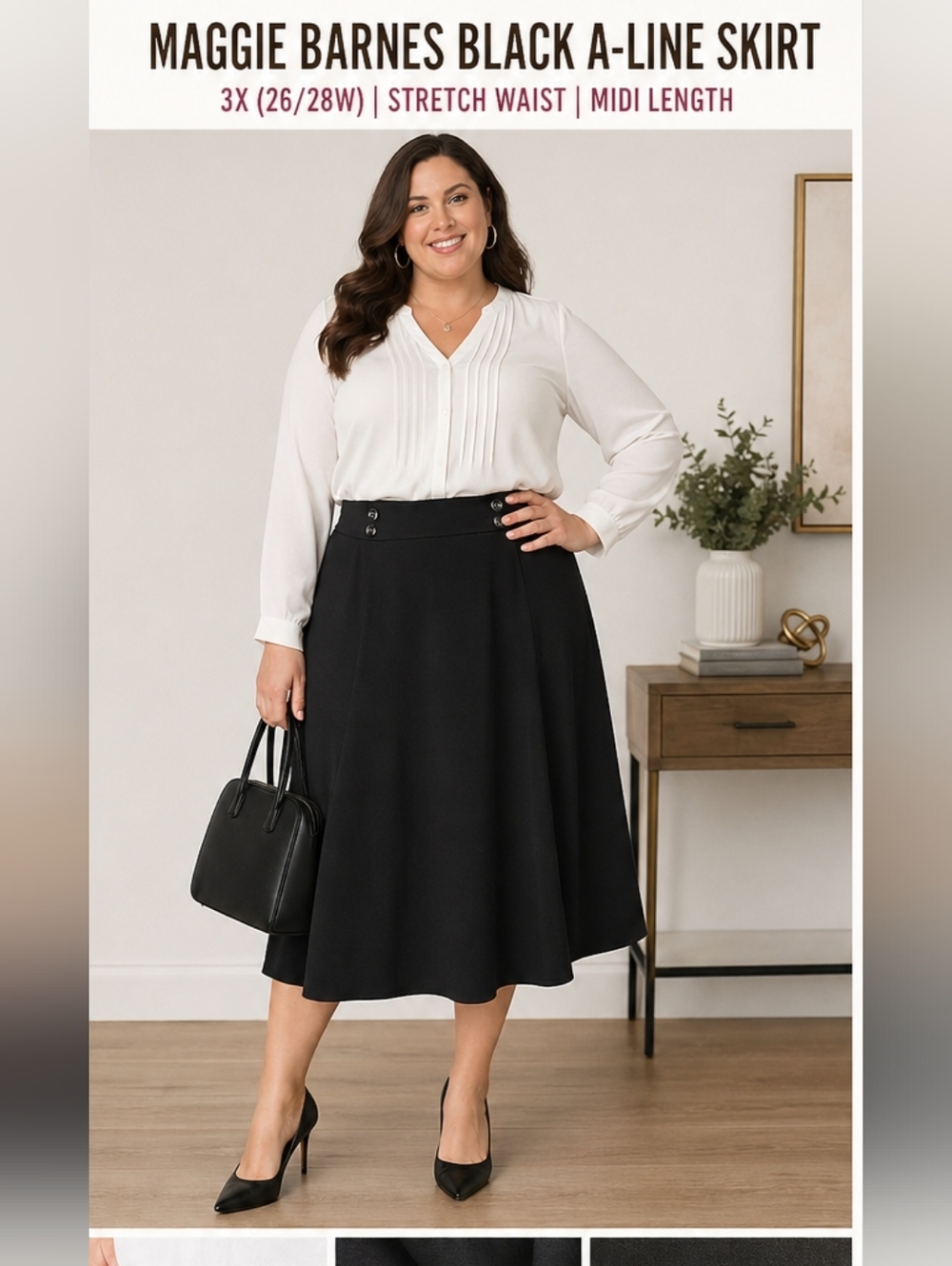 Maggie Barnes Black Flared Midi Skirt with Button Waist